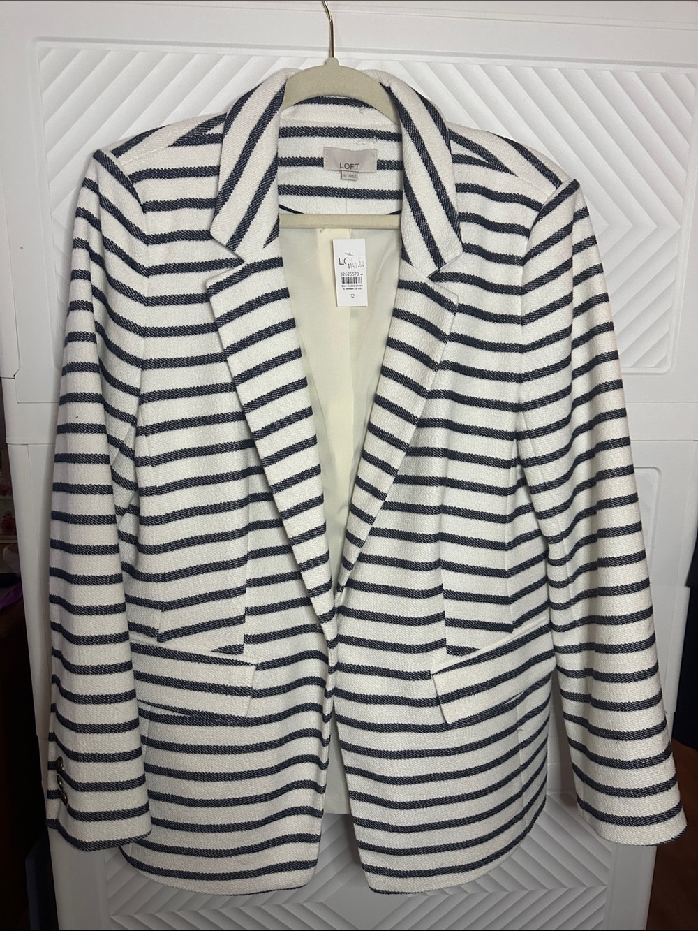 LOFT White and Navy Striped Cotton-Blend Blazer